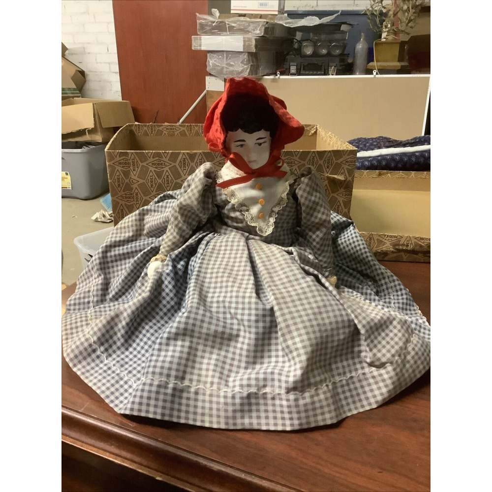 VTG Porcelain China 14” Doll Blue Gingham Dress Bisque